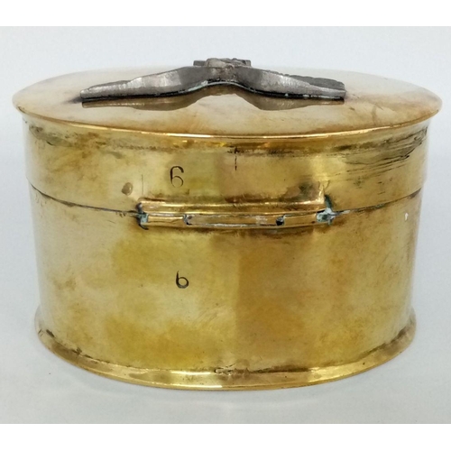 899 - A WW2 German Trench Art Brass Tin. With a Luftwaffe Pilots Badge Eagle on the lid. UK Mainland Shipp... 