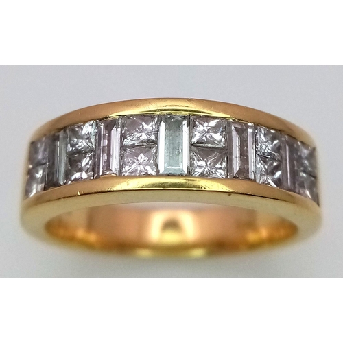 680 - A Stylish 18K Yellow Gold Diamond Ring. Alternating Princess and Baguette cut Diamonds. 1ctw. Size L... 