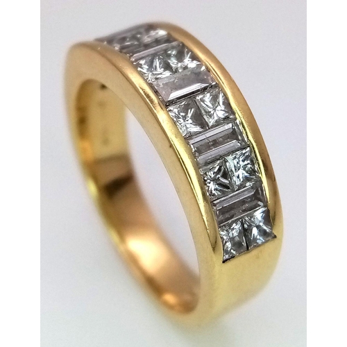 680 - A Stylish 18K Yellow Gold Diamond Ring. Alternating Princess and Baguette cut Diamonds. 1ctw. Size L... 