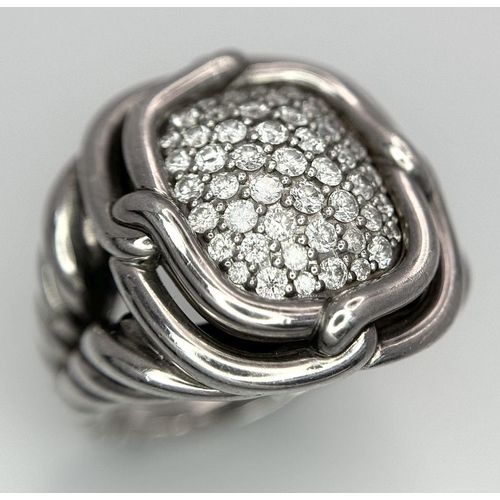 771 - A Designer David Yurman 925 Silver and Diamond Ring. Futuristic twisted metal meets a window of pave... 