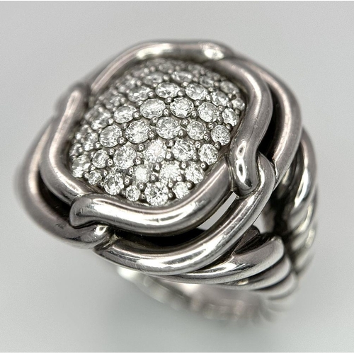 771 - A Designer David Yurman 925 Silver and Diamond Ring. Futuristic twisted metal meets a window of pave... 