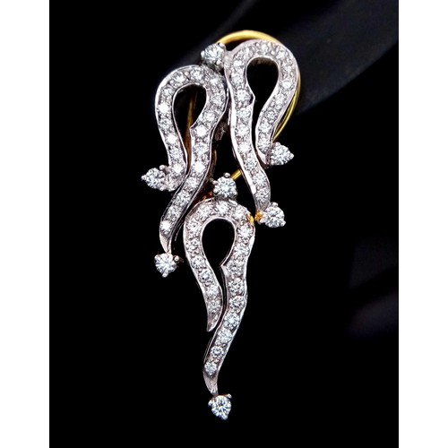 911 - An Unique Pair of Indian/ Asian Made Diamond Set Abstract 18K Gold, Drop Earrings. 122 diamonds - 1.... 