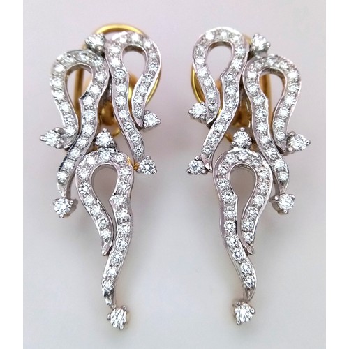 911 - An Unique Pair of Indian/ Asian Made Diamond Set Abstract 18K Gold, Drop Earrings. 122 diamonds - 1.... 