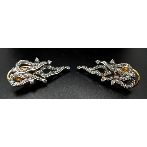 911 - An Unique Pair of Indian/ Asian Made Diamond Set Abstract 18K Gold, Drop Earrings. 122 diamonds - 1.... 