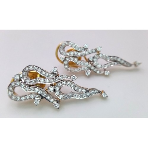 911 - An Unique Pair of Indian/ Asian Made Diamond Set Abstract 18K Gold, Drop Earrings. 122 diamonds - 1.... 