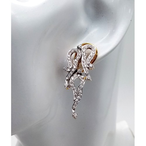 911 - An Unique Pair of Indian/ Asian Made Diamond Set Abstract 18K Gold, Drop Earrings. 122 diamonds - 1.... 