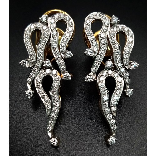 911 - An Unique Pair of Indian/ Asian Made Diamond Set Abstract 18K Gold, Drop Earrings. 122 diamonds - 1.... 