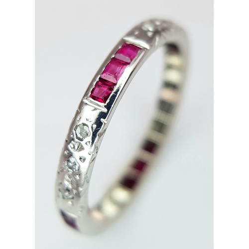 1120 - A 16K WHITE GOLD ( TESTED ) VINTAGE DIAMOND AND RUBY FULL SET BAND RING 2.4G SIZE M. SC3029