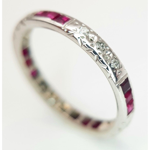 1120 - A 16K WHITE GOLD ( TESTED ) VINTAGE DIAMOND AND RUBY FULL SET BAND RING 2.4G SIZE M. SC3029