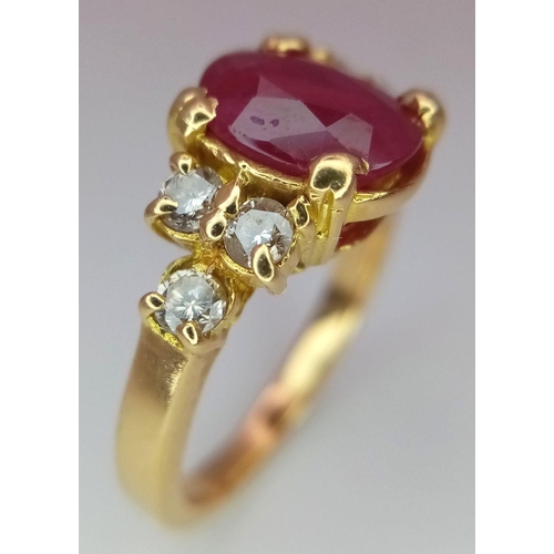 1253 - AN 18K YELLOW GOLD ( TESTED ) DIAMOND & RUBY RING - 1.50CT OVAL RUBY. 5.1G. SIZE M. JR 18