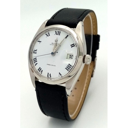 1129 - A Vintage Rolex 6694 Oysterdate Precision Gents Watch. Black leather strap. Stainless steel case - 3... 