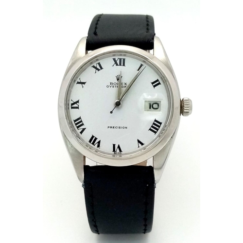 1129 - A Vintage Rolex 6694 Oysterdate Precision Gents Watch. Black leather strap. Stainless steel case - 3... 