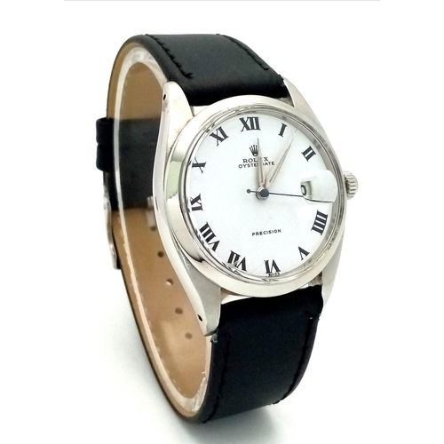 1129 - A Vintage Rolex 6694 Oysterdate Precision Gents Watch. Black leather strap. Stainless steel case - 3... 