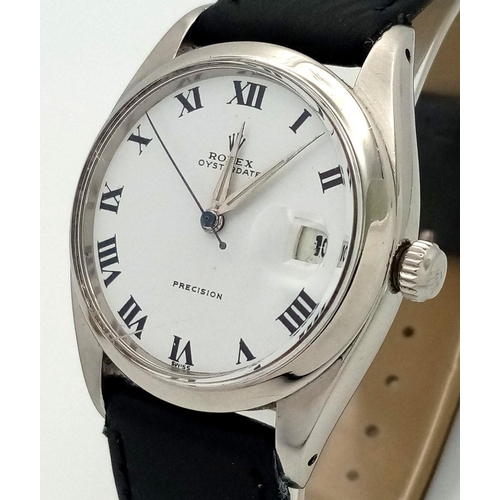 1129 - A Vintage Rolex 6694 Oysterdate Precision Gents Watch. Black leather strap. Stainless steel case - 3... 