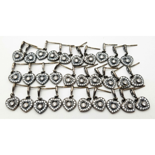 1393 - Lot of 14 Pairs of Sterling Silver and White Stone Heart Earrings. No backs. 35g total weight.