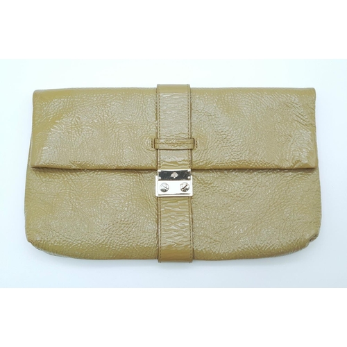 995 - A Mulberry Harriet Khaki Leather Clutch Bag. Spongy patent leather exterior with gold-tone hardware,... 