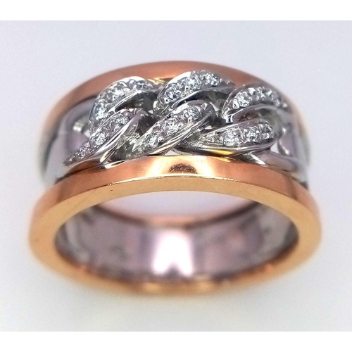 1100 - An 18k Two Tone Chain Link Diamond Ring, 6.9g total weight, 0.09ct diamond, size M1/2.

ref: 764I