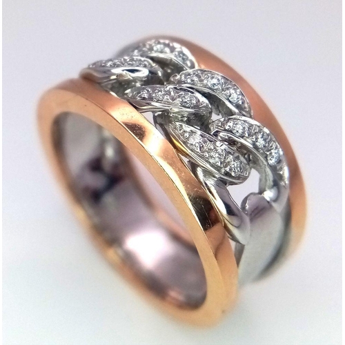 1100 - An 18k Two Tone Chain Link Diamond Ring, 6.9g total weight, 0.09ct diamond, size M1/2.

ref: 764I