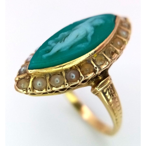 1101 - A 18K yellow gold (tested as) blue cameo and pearl vintage ring, 3.2g total weight, size L. Ref: SH1... 