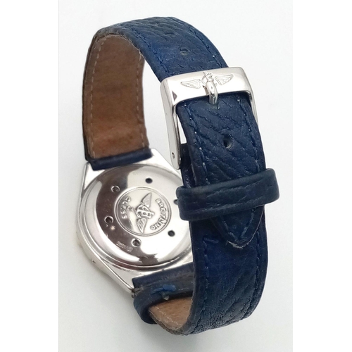 1234 - A Breitling J Class Quartz Ladies Watch. Blue leather strap. Case - 30mm. Blue dial with date window... 