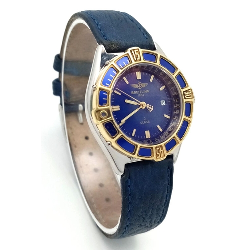 1234 - A Breitling J Class Quartz Ladies Watch. Blue leather strap. Case - 30mm. Blue dial with date window... 