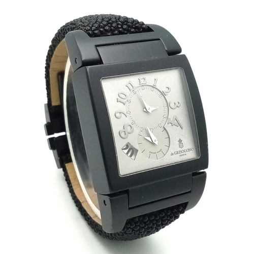 701 - A De Grisogono Automatic Instrumento No. Uno Unisex Dual Time Watch. Fancy black textured leather st... 