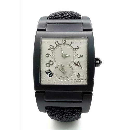 701 - A De Grisogono Automatic Instrumento No. Uno Unisex Dual Time Watch. Fancy black textured leather st... 