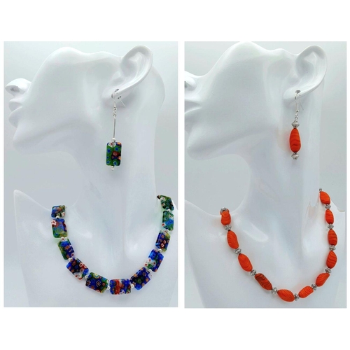 1381 - Two vintage and very collectable Murano glass necklace and earrings sets:
One is a very rare matt or... 