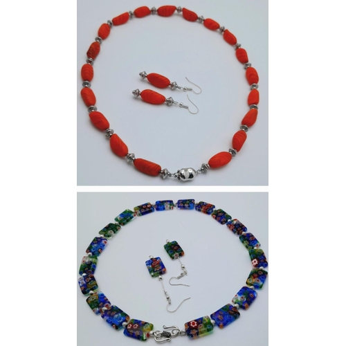 1381 - Two vintage and very collectable Murano glass necklace and earrings sets:
One is a very rare matt or... 