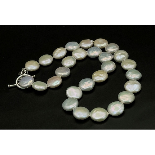 1395 - A Vintage Hand-Made Freshwater Pearl Coin Necklace with 925 Silver Clasp. 44cm. Comes with a pouch.