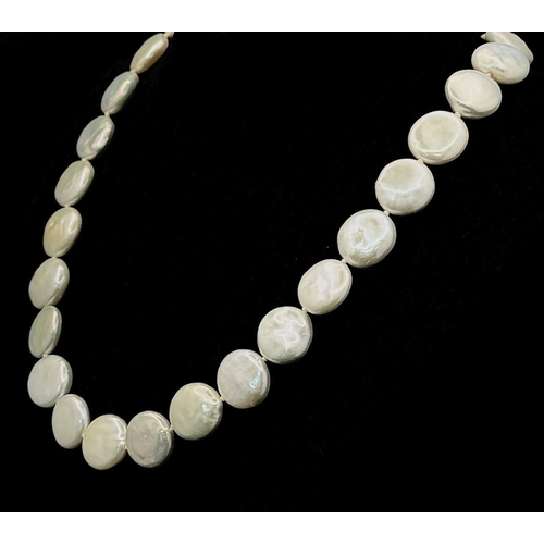 1395 - A Vintage Hand-Made Freshwater Pearl Coin Necklace with 925 Silver Clasp. 44cm. Comes with a pouch.