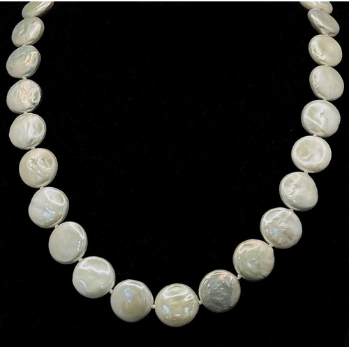 1395 - A Vintage Hand-Made Freshwater Pearl Coin Necklace with 925 Silver Clasp. 44cm. Comes with a pouch.