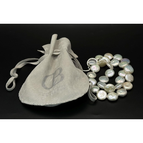 1395 - A Vintage Hand-Made Freshwater Pearl Coin Necklace with 925 Silver Clasp. 44cm. Comes with a pouch.