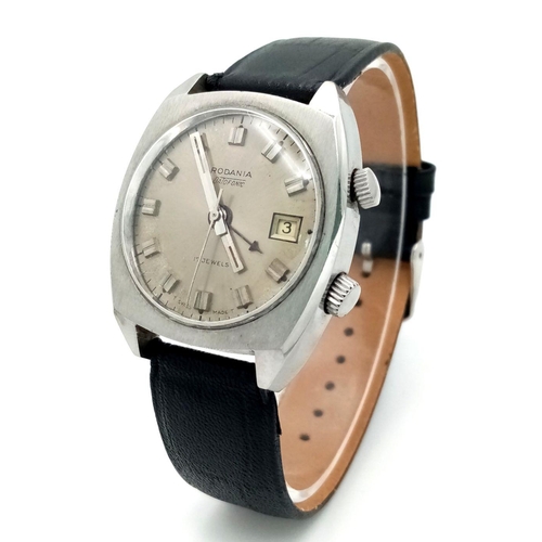 1289 - A Rare Vintage Rodania Datafonic 17 Jewels Gents Alarm Watch. Black leather strap. Stainless steel c... 