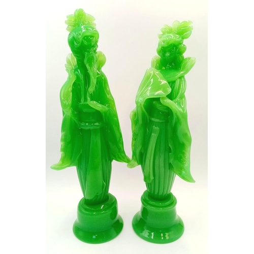 125 - A Pair of Stunning, Vintage, Chinese, Green Jade Coloured Glass Empress and Emperor, Tall Figurines.... 