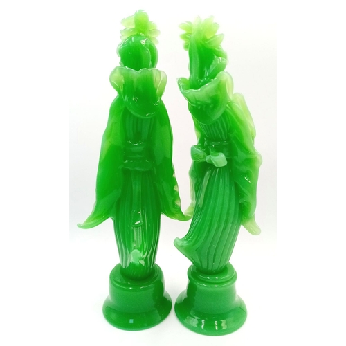 125 - A Pair of Stunning, Vintage, Chinese, Green Jade Coloured Glass Empress and Emperor, Tall Figurines.... 