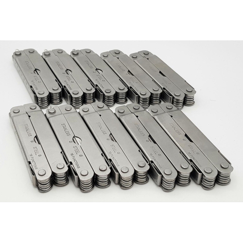 1458 - 10 Retractable Stainless Steel Multi Utility Tools. Foldable, with pouches. 11cm.