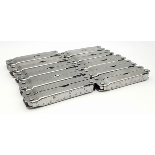 1458 - 10 Retractable Stainless Steel Multi Utility Tools. Foldable, with pouches. 11cm.