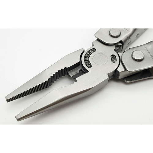 1458 - 10 Retractable Stainless Steel Multi Utility Tools. Foldable, with pouches. 11cm.