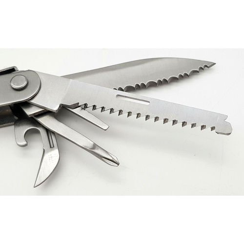 1458 - 10 Retractable Stainless Steel Multi Utility Tools. Foldable, with pouches. 11cm.