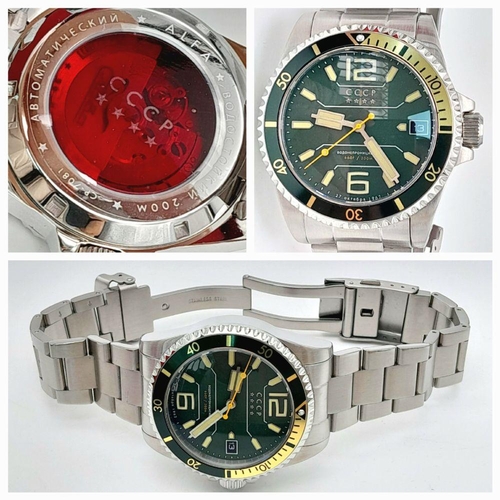 248 - A Men’s CCCP Alfa 200 Divers/Submariners Automatic Watch. Green Dial/Green Gold Bezel. 45mm Includin... 