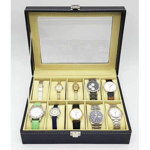 353 - A Watch Display Box with Ten Vintage and Later Men’s and Ladies Watches Comprising; 1) A Seiko 5 Aut... 