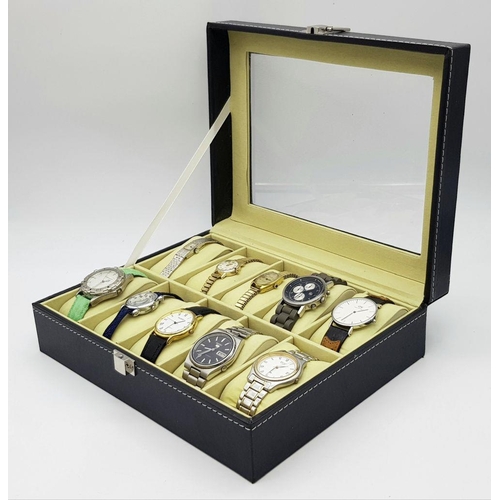 353 - A Watch Display Box with Ten Vintage and Later Men’s and Ladies Watches Comprising; 1) A Seiko 5 Aut... 