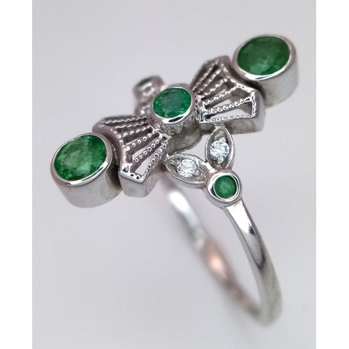 444 - A Stylish Art Deco Design 9 Carat White Gold Emerald and Clear Stone Set Ring Size Q. The Ring Measu... 