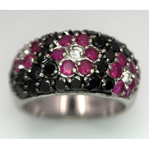 479 - An Attractive Sterling Silver Ruby, Onyx and CZ Set Cluster Ring Size O. The Crown Measures 1.1cm Wi... 