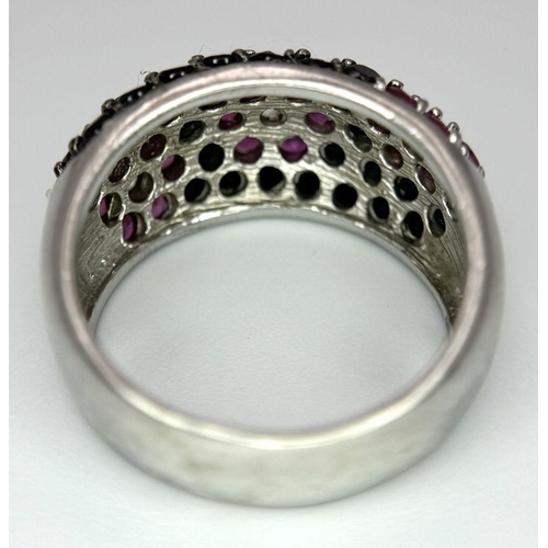 479 - An Attractive Sterling Silver Ruby, Onyx and CZ Set Cluster Ring Size O. The Crown Measures 1.1cm Wi... 