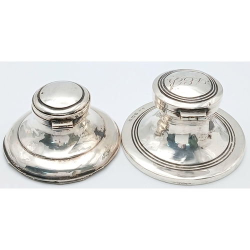 521 - Two Antique Hallmarked Silver Inkwells Dating 1909/10 & 1920/21. Hinged Lids, complete with glass li... 