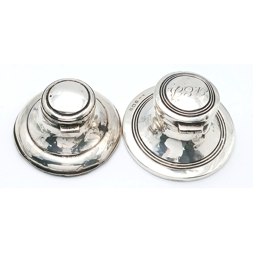 521 - Two Antique Hallmarked Silver Inkwells Dating 1909/10 & 1920/21. Hinged Lids, complete with glass li... 