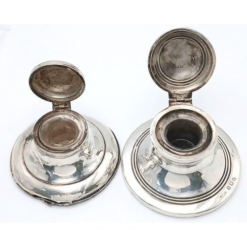 521 - Two Antique Hallmarked Silver Inkwells Dating 1909/10 & 1920/21. Hinged Lids, complete with glass li... 