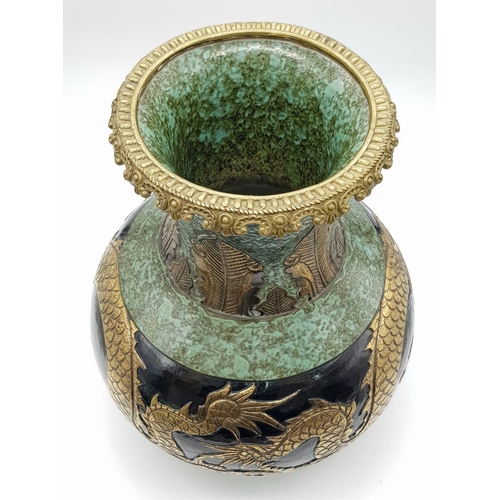 64 - A Rare Exquisite Early 19th Century Chinese Temple Zun Vase. Raised bronze textured Dragons on black... 